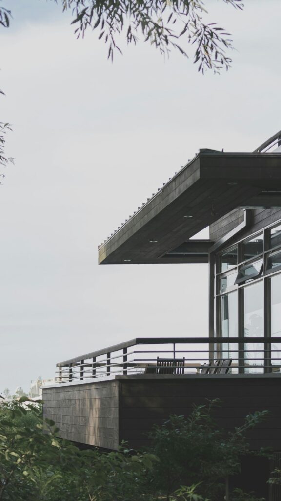 Modern Wooden Architectural Deck with Minimalist Balcony Wallpaper