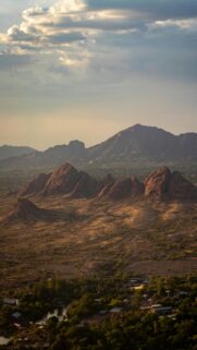 Stunning Arizona Desert Sunset View with Dramatic Rock Formations Wallpaper