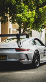 Silver Porsche 911 GT3 Race Car Rear View Mobile Wallpaper
