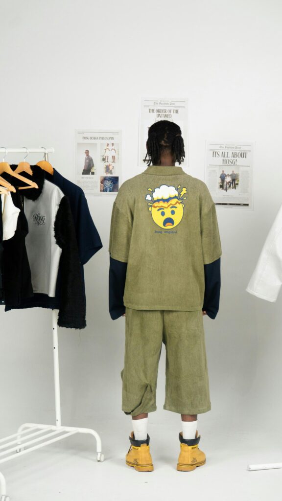 Olive Corduroy Streetwear Fashion Model Back View Wallpaper