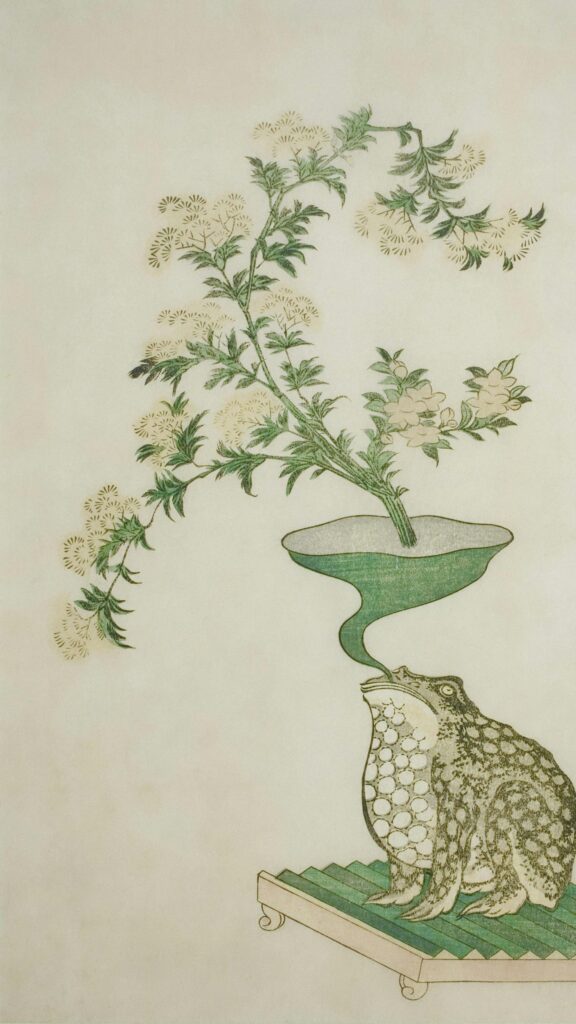 Surreal Japanese Toad and Floral Ikebana Art Wallpaper
