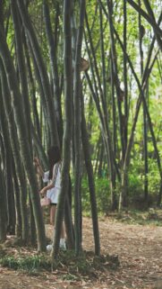 Girl Standing Alone in a Serene Green Bamboo Forest Mobile Wallpaper
