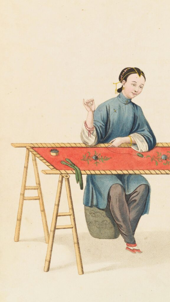 Elegant Vintage Chinese Embroiderer Illustration Art Mobile Wallpaper
