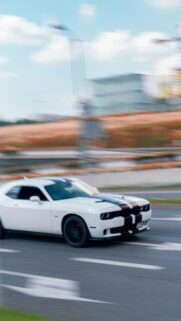 White Dodge Challenger with Racing Stripes Mobile Wallpaper