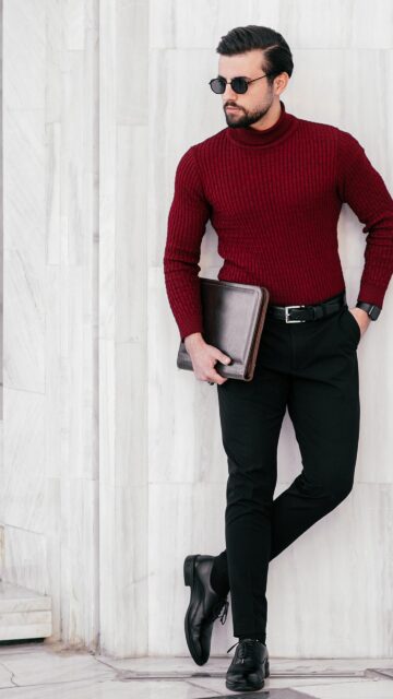 Elegant Man in Burgundy Turtleneck and Sunglasses Phone Wallpaper