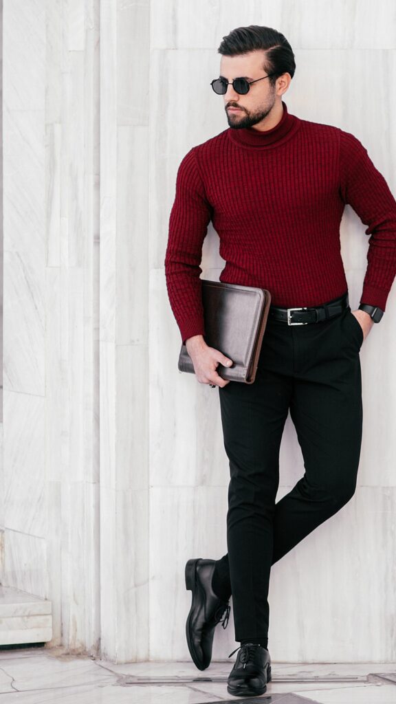 Elegant Man in Burgundy Turtleneck and Sunglasses Phone Wallpaper