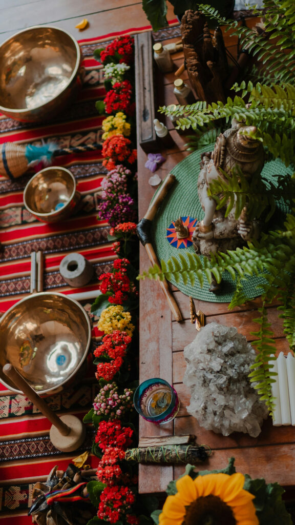 Healing Energy Altar with Crystals and Singing Bowls Spiritual Wallpaper