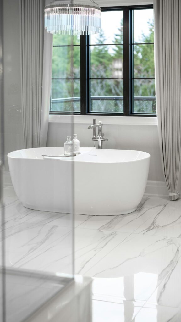 Luxury Modern Bathroom with Marble Floor and Chandelier Wallpaper