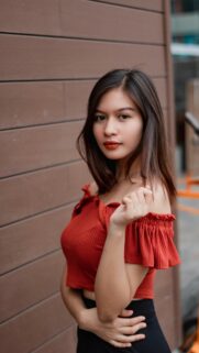 Beautiful Asian Girl in Red Off-Shoulder Top Mobile Wallpaper