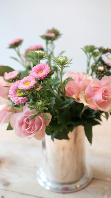 Elegant Pink Roses and Aster Flowers Bouquet Phone Wallpaper