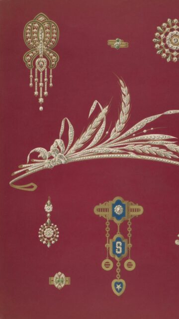 Vintage Jewelry Illustration on Deep Red Background Mobile Wallpaper