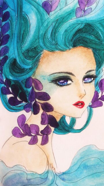 Anime Girl with Turquoise Hair and Purple Floral Accents Wallpaper