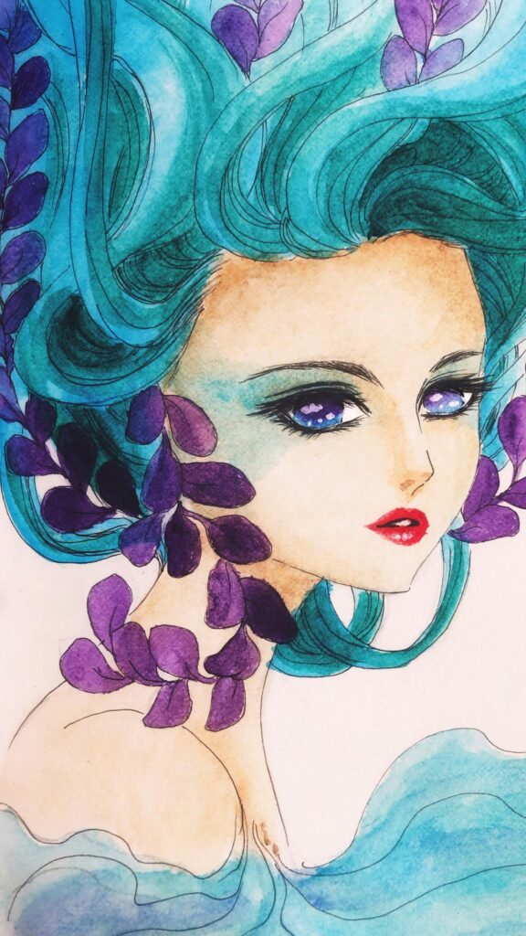 Anime Girl with Turquoise Hair and Purple Floral Accents Wallpaper