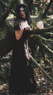 Gothic Bride with Skull in Dark Enchanted Forest Phone Wallpaper
