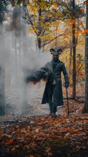 Dark Fantasy Goat Demon in Autumn Forest Phone Wallpaper