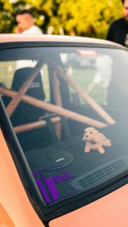 Custom Orange JDM Sports Car Rear Window View with Toy Dog Wallpaper