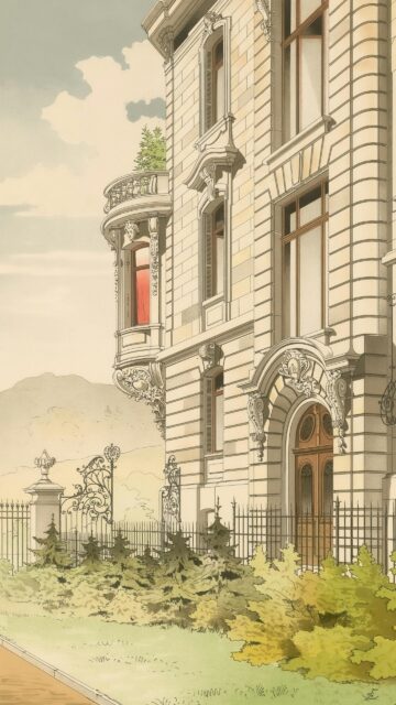 Elegant Neoclassical Mansion Facade Artistic Illustration Phone Wallpaper