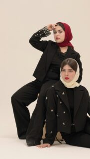 Elegant Women in Decorated Black Blazers and Hijabs Studio Portrait Wallpaper