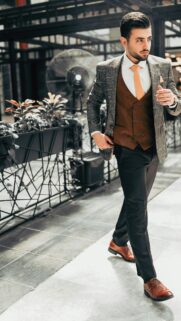 Elegant Man in Brown Suit Vest and Plaid Blazer Mobile Wallpaper