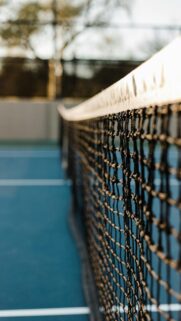 Macro Tennis Net Close-Up on Blue Court Mobile Wallpaper