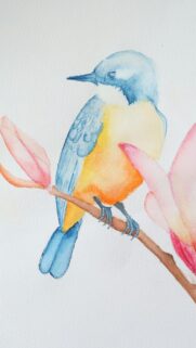 Watercolor Bird Perched on Floral Branch Aesthetic Phone Wallpaper