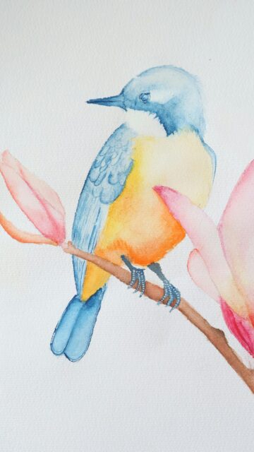 Watercolor Bird Perched on Floral Branch Aesthetic Phone Wallpaper