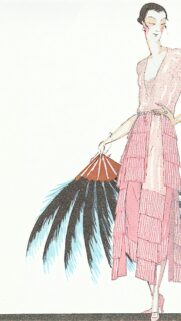 Vintage Fashion Illustration with Pink Dress and Feather Fan Wallpaper