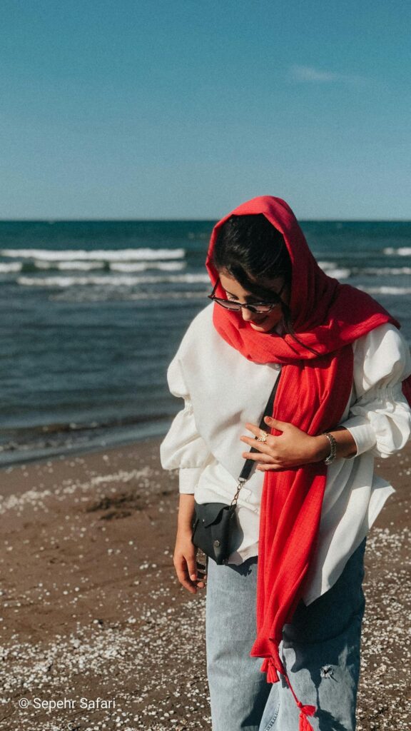 Woman in Red Scarf at the Beach Mobile Wallpaper