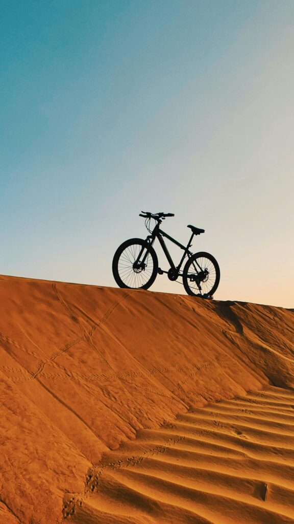 Silhouette Mountain Bike on Golden Desert Sand Dunes Mobile Wallpaper
