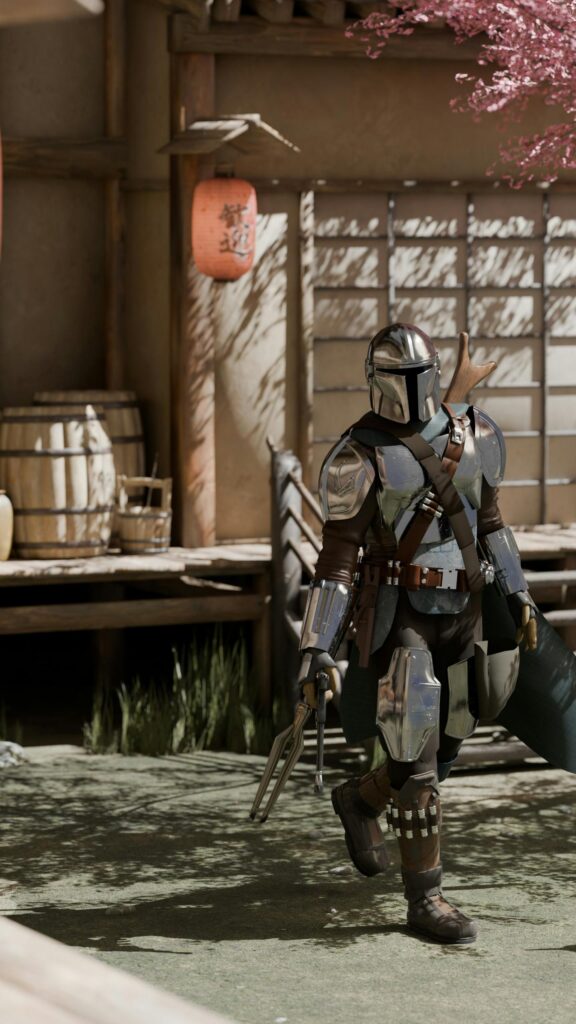 Mandalorian Beskar Armor Standing in Traditional Japanese Setting Wallpaper