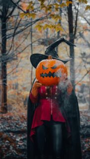 Spooky Witch with Smoking Jack-O-Lantern Halloween Mobile Wallpaper