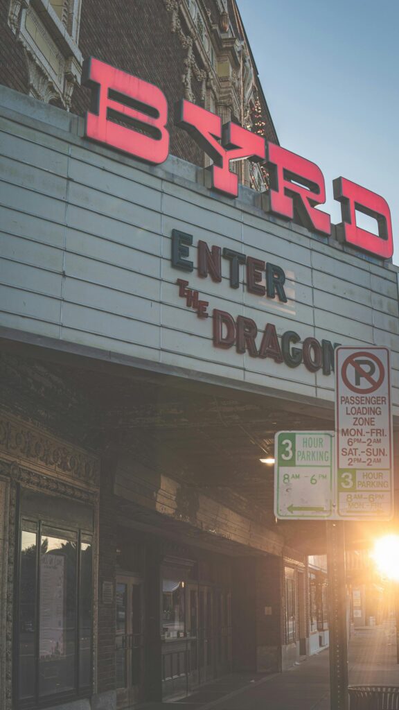 Vintage Byrd Theatre Movie Marquee Golden Hour Mobile Wallpaper