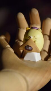 Cute Yellow Cat Figurine Holding Kyoto Souvenir on Wooden Hand Wallpaper