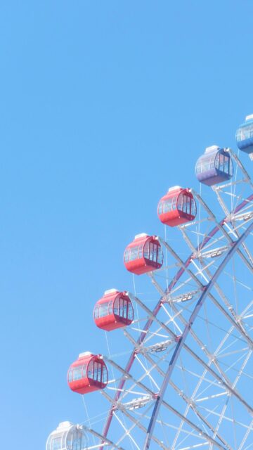 Ferris Wheel Red and Blue Gondolas Against Clear Blue Sky Wallpaper