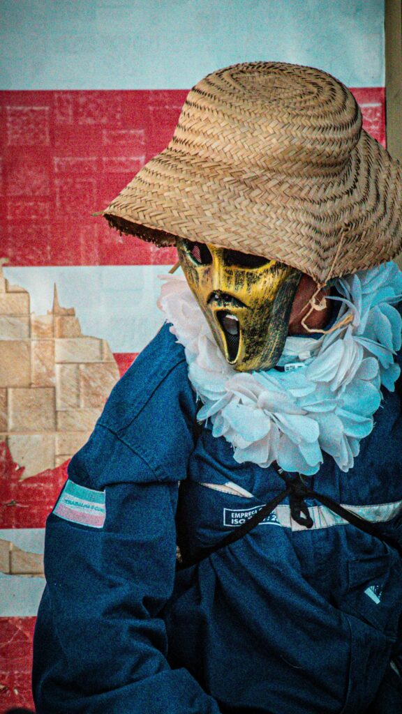 Mysterious Carnival Masked Figure in Straw Hat Mobile Wallpaper