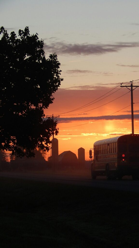 School Bus at Sunset Countryside Rural Farm Horizon Wallpaper