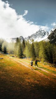 Hikers on Mountain Trail with Snow Capped Peaks Phone Wallpaper