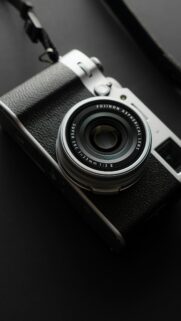 Minimalist Silver Fujifilm Retro Camera Phone Wallpaper