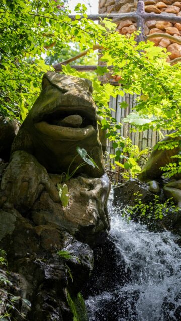 Enchanted Stone Frog Statue Near Flowing Waterfall Phone Wallpaper