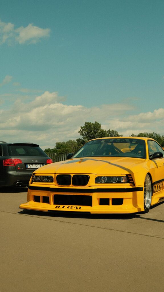 Custom Yellow BMW E36 Drift Coupe and Audi RS4 Sport Car Wallpaper