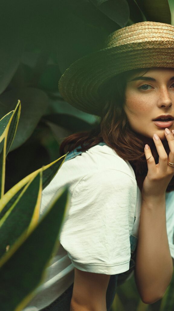 Beautiful Woman with Hat and Nature Aesthetic Phone Wallpaper