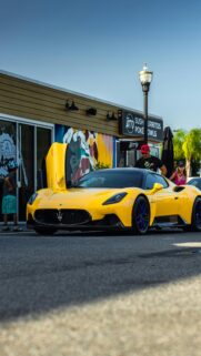 Stunning Yellow Maserati MC20 Supercar Parked at Sushi Restaurant Wallpaper