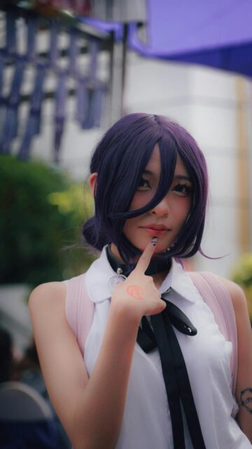Anime Cosplay Girl with Purple Hair and Choker Mobile Wallpaper