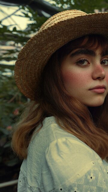 Dreamy Young Woman in Straw Hat Botanical Garden Portrait Wallpaper