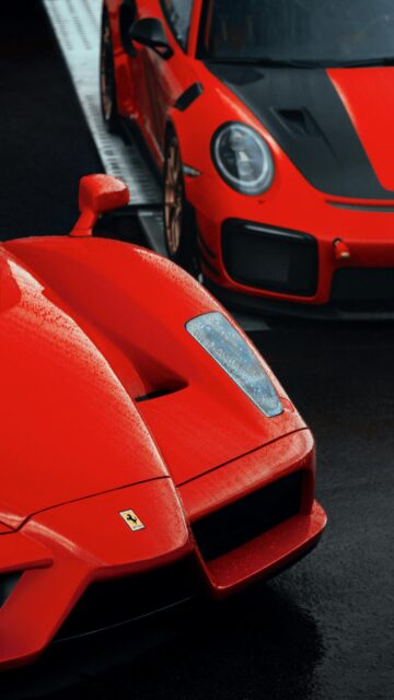 Stunning Ferrari Enzo and Porsche 911 GT2 RS Supercar Rain Wallpaper
