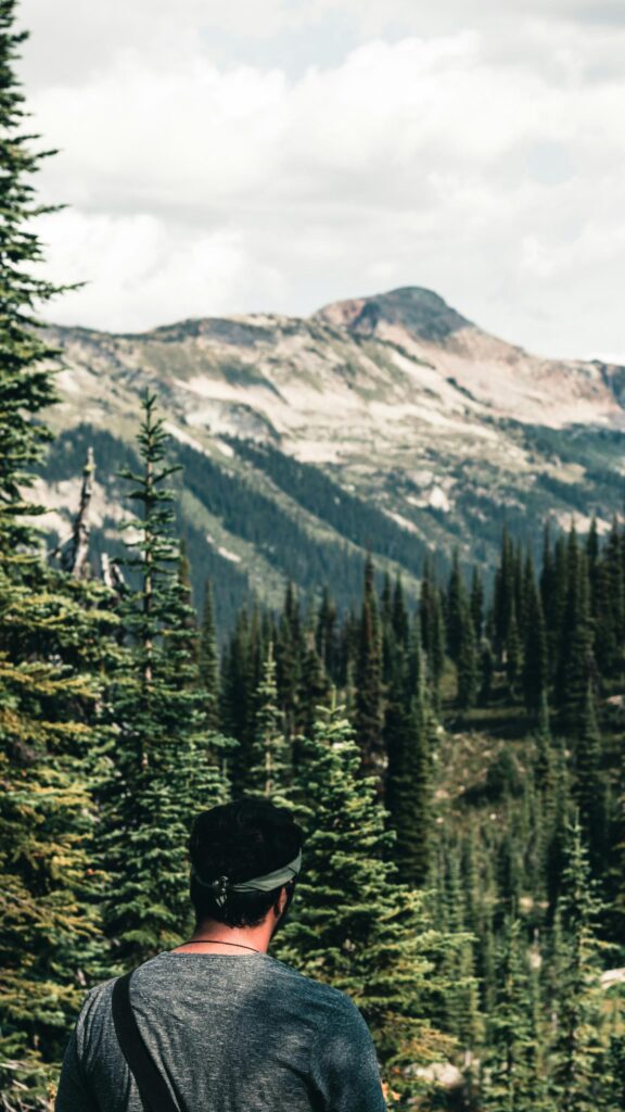 Man Looking at Majestic Mountain Forest Peak Mobile Wallpaper