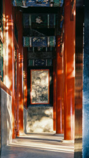 Zen Temple Corridor Path for Mindful Manifestation Wallpaper