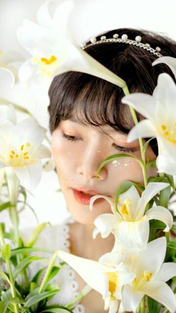 Beautiful Woman with White Lilies Aesthetic Portrait Mobile Wallpaper