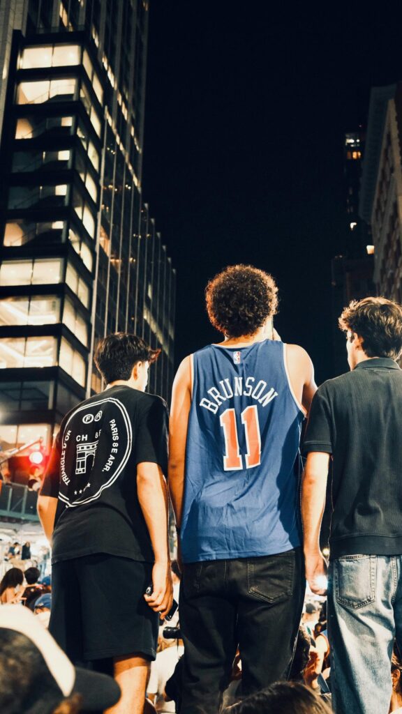 Three Friends Watching Basketball City Night View Mobile Wallpaper
