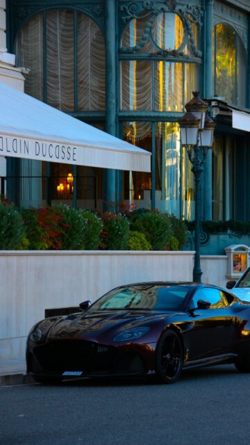 Luxury Maroon Aston Martin DBS Superleggera at Alain Ducasse Wallpaper